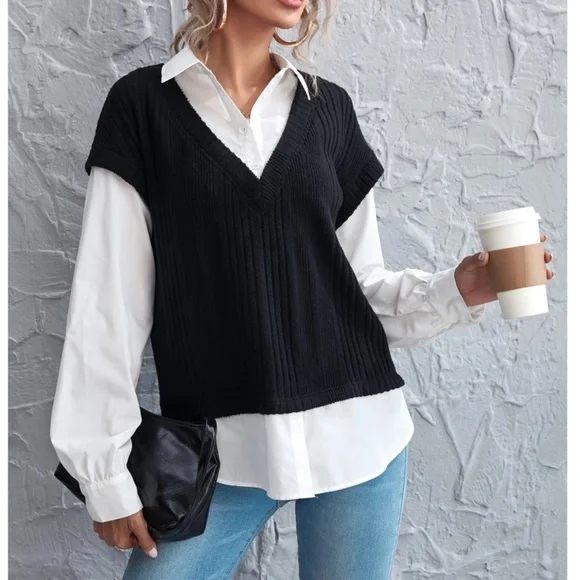 2 in 1 Black Knit Vest On White Button Up Shirt - Picture 1 of 12